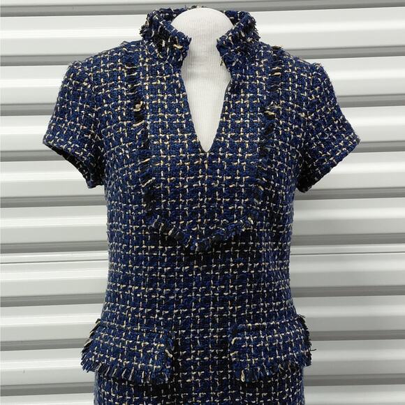 Sail to Sable Dress Womens Sz 2 Navy Blue Tweed Bouclé Luxury Retro Office Chic - Picture 4 of 11